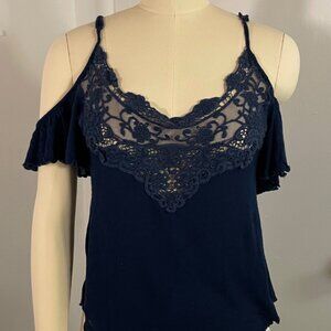 Navy Blue Lace Cold Shoulder Top - Ruffle Sleeves, Romantic Style